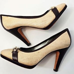 Banana Republic Cream Woven Almond Toe Pumps Brown Trim Wooden Platform 4" Heels